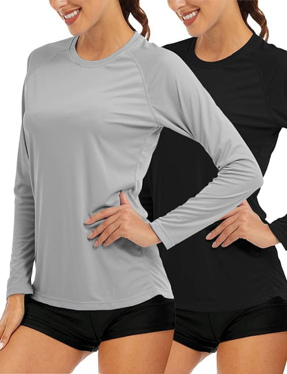 MAGCOMSEN Women's 2 Pack Long Sleeve Shirts UPF 50+ Sun Protection Quick Dry Swim Shirt for Rash