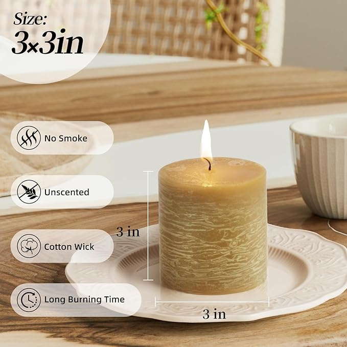 KONNI Wax Yellow Pillar Candles Set of 3, 3"x 3" Unscented Pillar Candles Bulk, 30 Hours Long