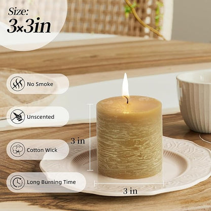 KONNI Wax Yellow Pillar Candles Set of 3, 3"x 3" Unscented Pillar Candles Bulk, 30 Hours Long