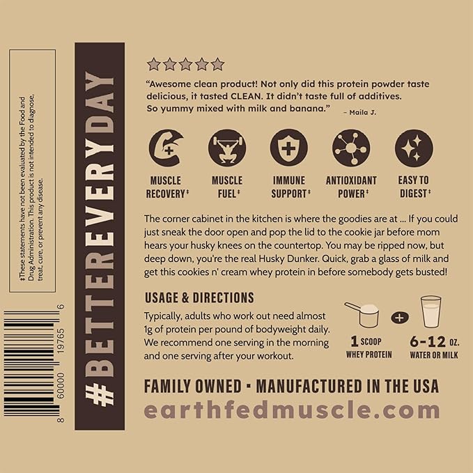 Earth Fed Muscle Husky Dunker Cookies N' Cream Truly Grass Fed Whey Protein Powder - No Artificial