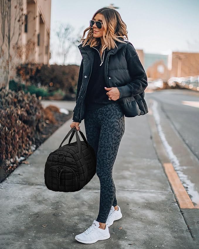 FODOKO Quilted Duffel Bag for Women, Puffer Gym Duffle with Shoe Compartment, Lightweight Large