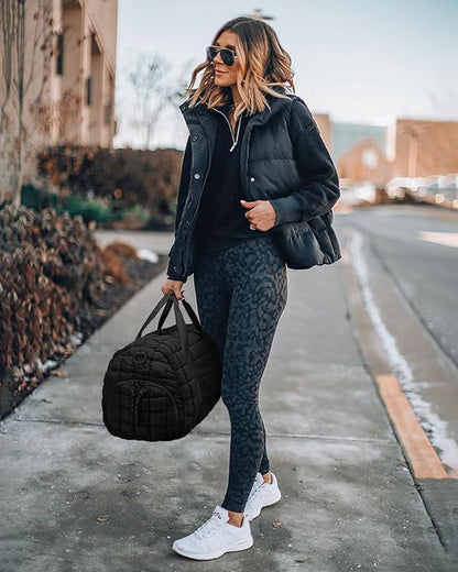 FODOKO Quilted Duffel Bag for Women, Puffer Gym Duffle with Shoe Compartment, Lightweight Large