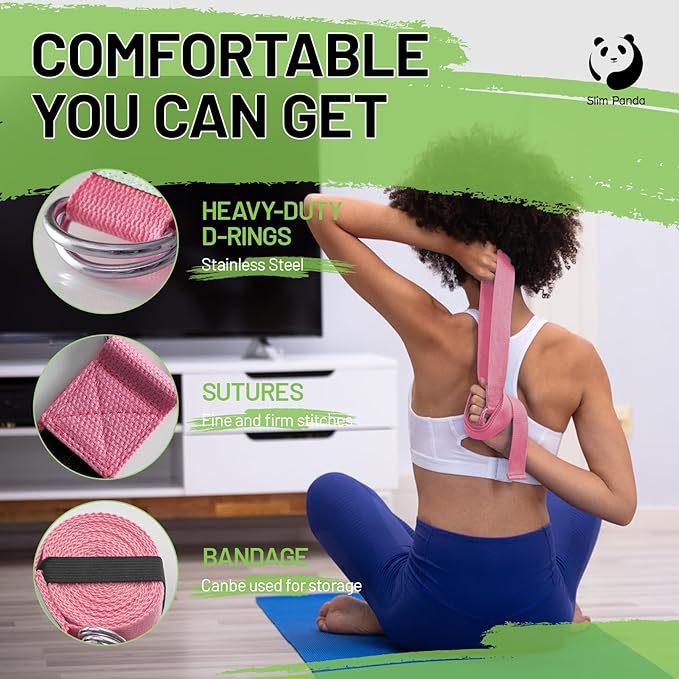 Slim Panda Yoga Strap for Stretching,Cotton Yoga Strap with Adjustable D-Ring Buckle,Non-Elastic