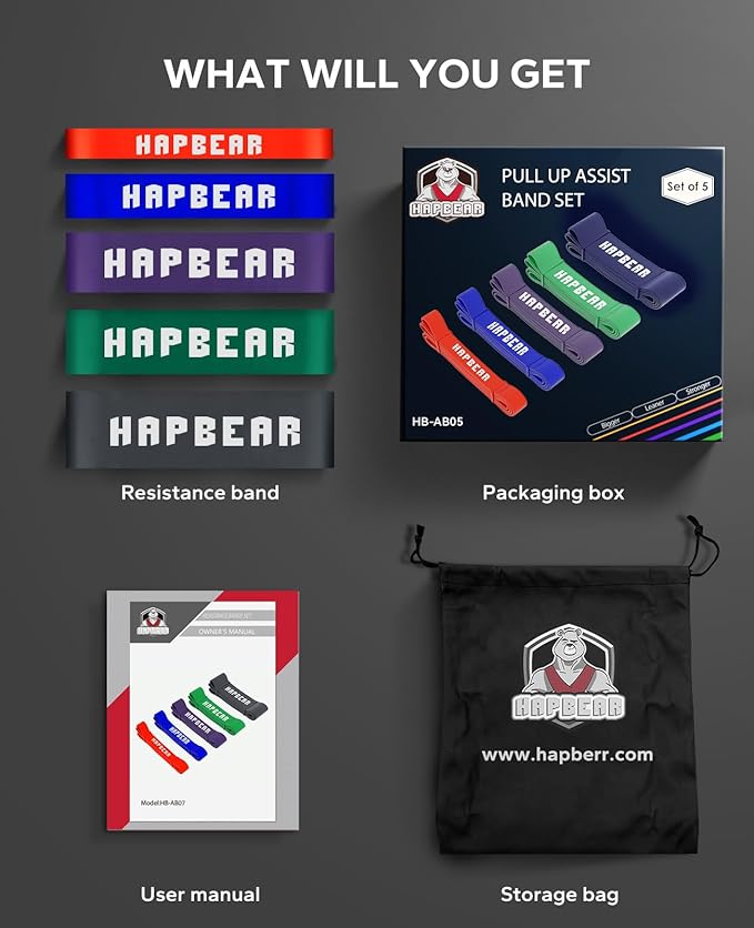 HAPBEAR Pull Up Assistance Bands Set of 5 - Resistance Bands for Working Out, Stretching, Physical