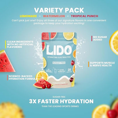 LIDO Variety Pack Electrolyte Powder Packets — Clean, Zero-Sugar Hydration Drink Mix with Balanced