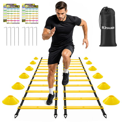 2 Pack 20ft Agility Ladder Set, 40ft Total Adjustable Speed Ladder with 12 Cones, 8 Stakes, 1 Carry
