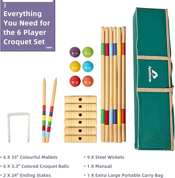ApudArmis 35In Six Players Croquet Set with Deluxe Premiun Pine Wooden Mallets,Colored