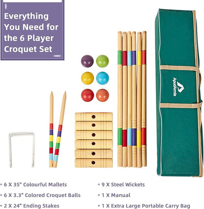 ApudArmis 35In Six Players Croquet Set with Deluxe Premiun Pine Wooden Mallets,Colored