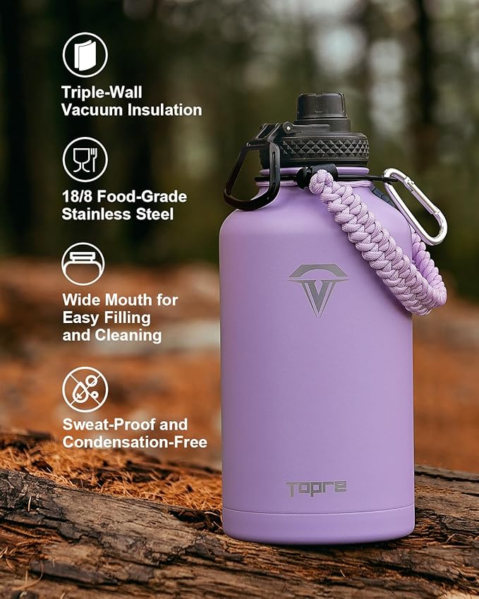 64 oz Insulated Water Bottle,Half Gallon Water Flask Stainless Steel Vacuum, Cold for 48