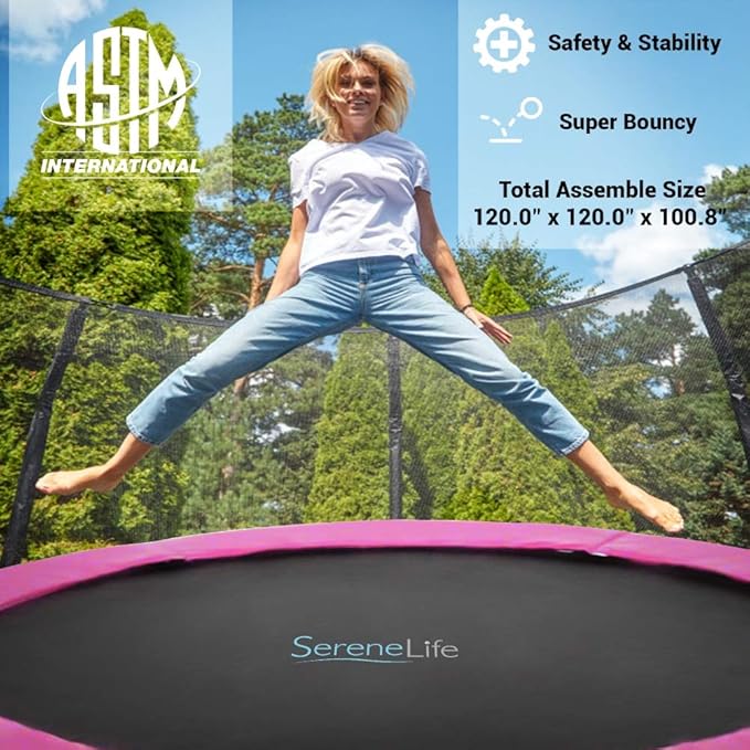 SereneLife 10ft Outdoor Trampoline with Safety Net Enclosure - Large Backyard Trampoline for Kids