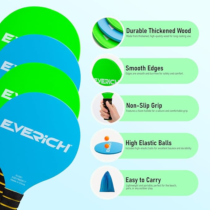 EVERICH TOY Paddle Ball Set, Badminton Set 4 Rackets, Great Gifts Easter Basket Stuffers for Kids