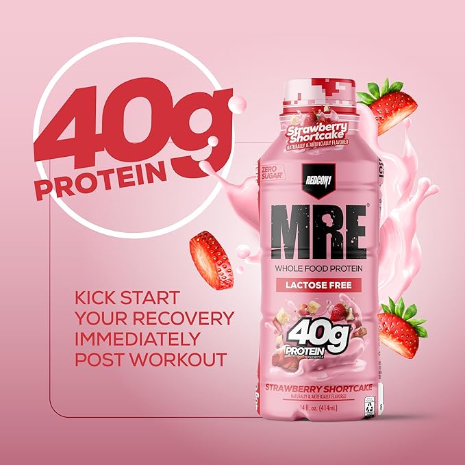 REDCON1 MRE Ready to Drink Protein Shake, Strawberry Shortcake- Lactose + Whey Free RTD 40gr