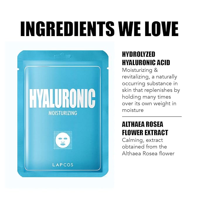LAPCOS Hyaluronic Acid Sheet Mask, Daily Hydrating Face Mask, Protects & Nourishes Skin, Korean
