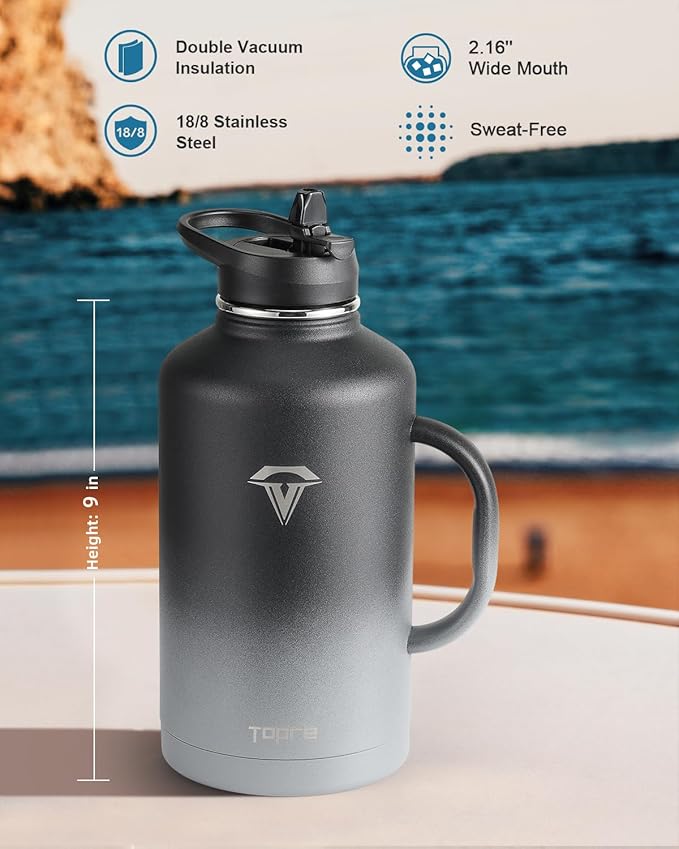64 oz Insulated Water Bottle with Straw and Lid, Half Gallon Stainless Steel Cup with