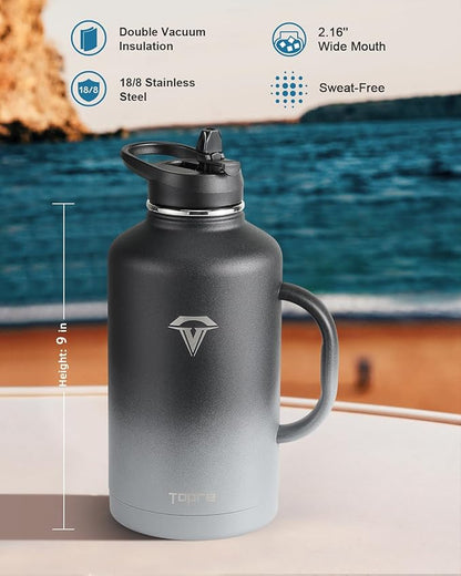 64 oz Insulated Water Bottle with Straw and Lid, Half Gallon Stainless Steel Cup with