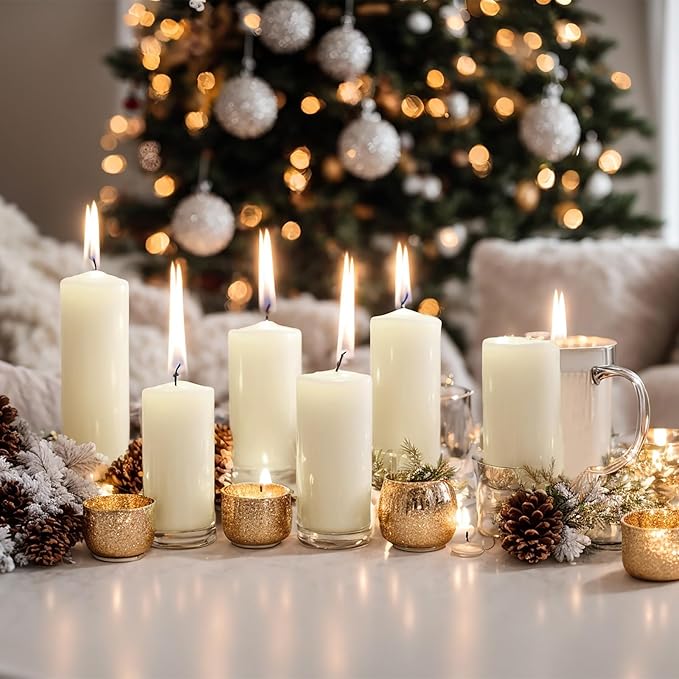 MTLEE Set of 72 Ivory Pillar Candles 2 x 3, 2 x 6, 2 x 8 Inch Smokeless and Dripless Unscented