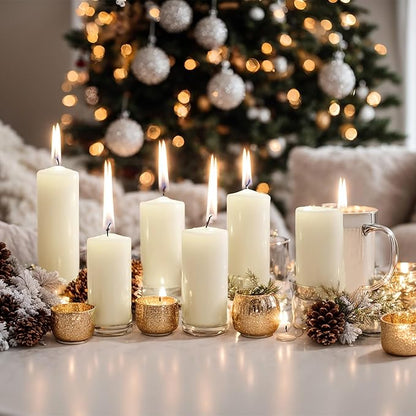 MTLEE Set of 72 Ivory Pillar Candles 2 x 3, 2 x 6, 2 x 8 Inch Smokeless and Dripless Unscented