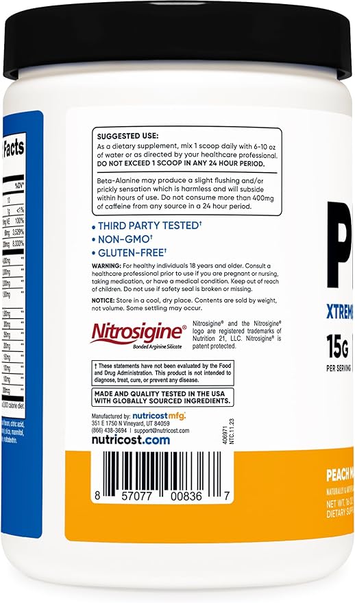 Nutricost Pre-X Xtreme Pre-Workout Complex Powder, Peach Mango, 30 Servings, Vegetarian, Non-GMO