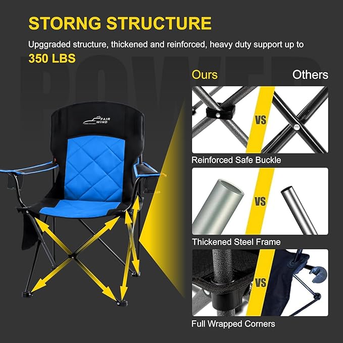 FAIR WIND Oversized Fully Padded Camping Chair, Heavy Duty Quad Fold Arm Chair Support 350 LBS with