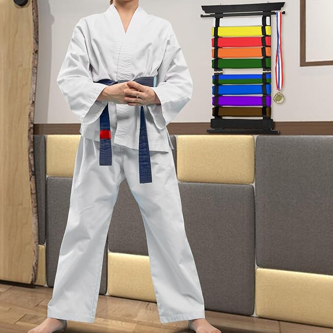 JUXYES Wall Hanging Martial Arts Belts Organizer for 10 Belts with Medal Hanger and Stickers