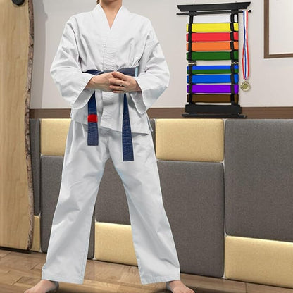 JUXYES Wall Hanging Martial Arts Belts Organizer for 10 Belts with Medal Hanger and Stickers