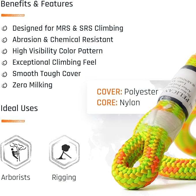 Pelican Rope Arborist Rope 11.8mm x 150Ft High-Strength 24-Strands Static Climbing Rope | 5,400 lb