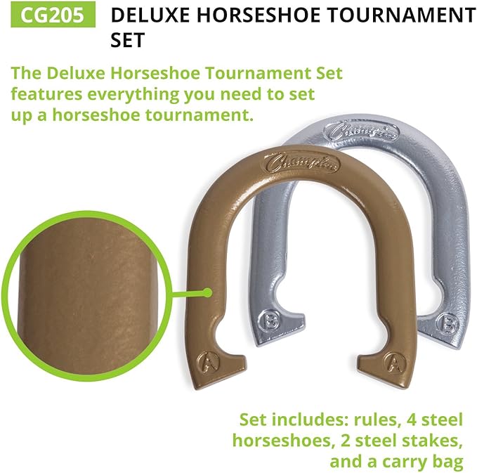 Champion Sports Horseshoe Set: Traditional Outdoor Lawn Game includes Four Professional Solid Steel