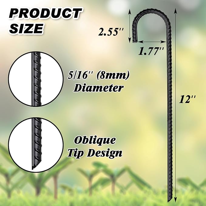 FEED GARDEN 12 Inch 16 Pack Rebar Stakes Heavy Duty J Hook, Galvanized Ground Stakes Tent Stakes