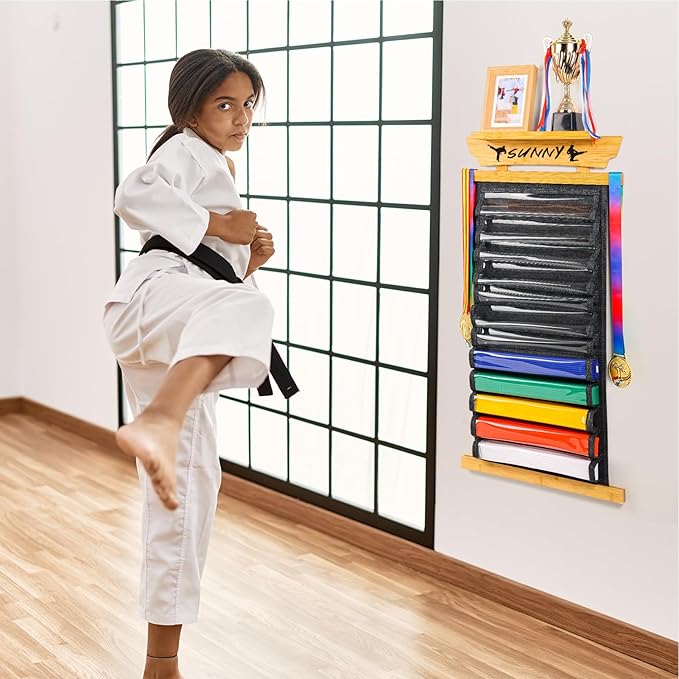 Tilhumt 12/10 Belts Karate Belt Display Rack with Stickers, Taekwondo Belt Display with