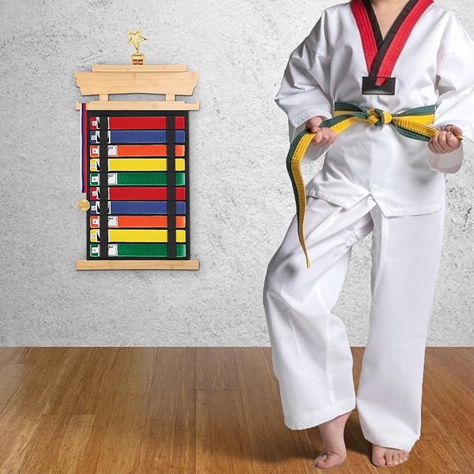 JUXYES Wall Hanging Martial Arts Belts Organizer with Trophy and Medal Display Rack, Bamboo Karate