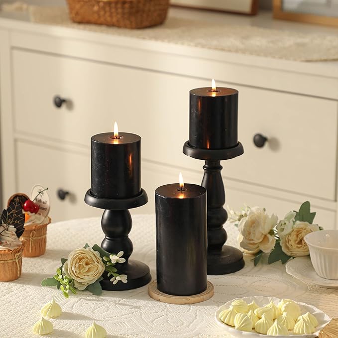 3x6 Inch Black Pillar Candles Set of 3 - Decorative Unscented Pillar Candle, Long Burning Dripless