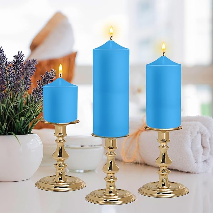 Pillar Candles 3 x 4, 6, and 8 inches, Large Handmade Candles Set of 3, Blue Decorative Candles for