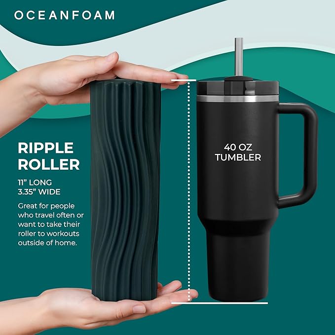 Oceanfoam Ripple Travel Foam Roller (11" x 3.35") Firm Mini Foam Roller for Physical Therapy, Deep