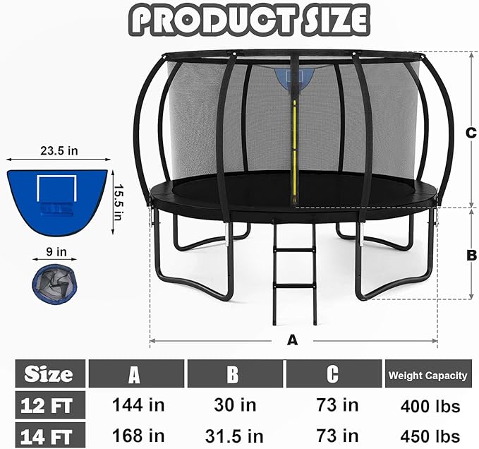 Trampoline 12FT 14FT 15FT 16FT for Kids/Adults - Outdoor Recreational with Enclosure Net Curved