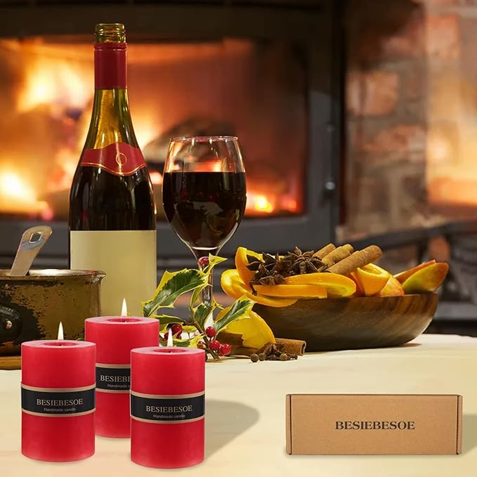 3 x 4 Red Pillar Candles Set of 3 Unscented Handpoured Weddings, Home Decoration, Restaurants, Spa