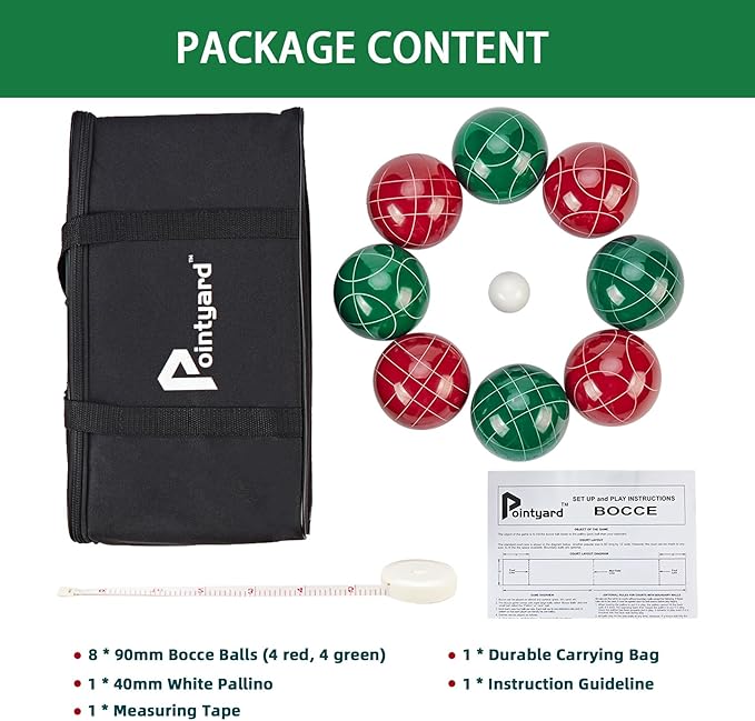 Pointyard Bocce Ball Set, 90mm Resin Bocce Ball Set with 8 Resin Bocce Balls/1 Pallino/Nylon