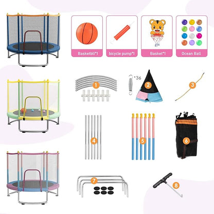 Kids Trampoline with Safety Net – 440lbs Capacity, Upgraded Rust-Proof Ring Legs, Adjustable