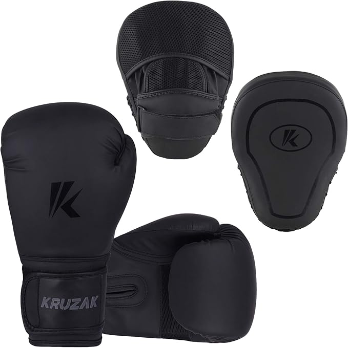Kruzak Matte Black Boxing Gloves and Pads, Boxing Gloves Training Set for Kickboxing and Muay Thai