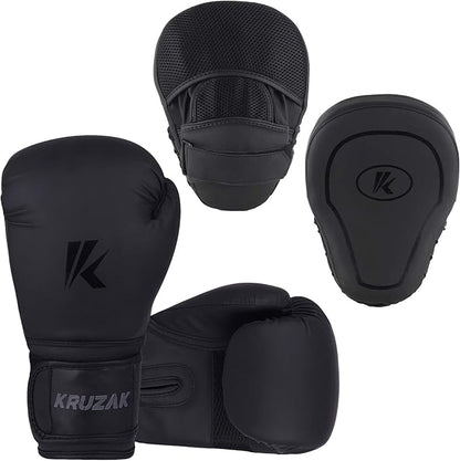 Kruzak Matte Black Boxing Gloves and Pads, Boxing Gloves Training Set for Kickboxing and Muay Thai