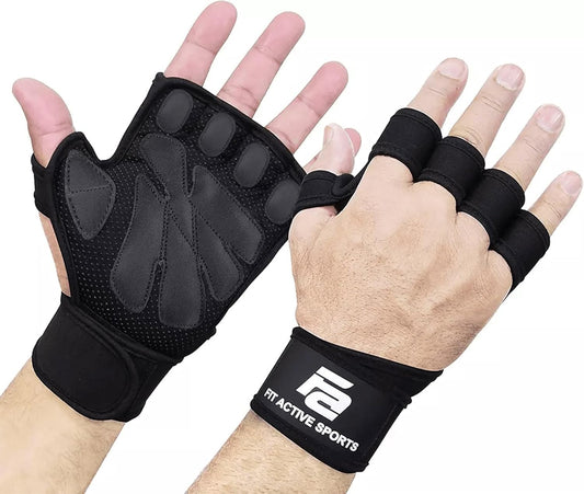 Fit Active Sports Ventilated Weight Lifting Gloves with Built-in Wrist Wraps, Workout Fingerless