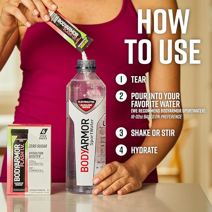 BODYARMOR Flash IV Electrolyte Packets, Strawberry Kiwi - Zero Sugar Drink Mix, Single Serve Packs