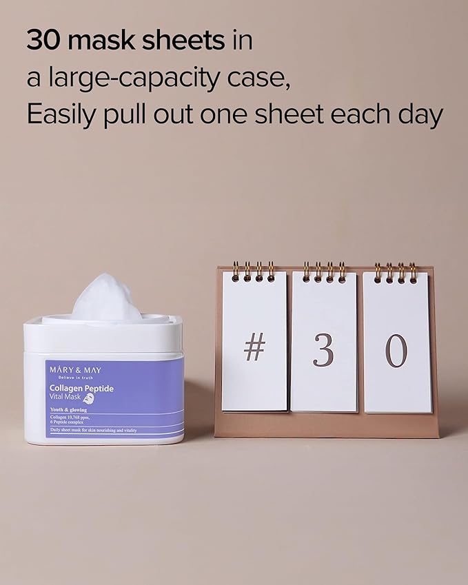 Mary&May Collagen Peptide Vital Mask | 30 Sheets | Daily Korean Face Mask | Firming & Wrinkle Care