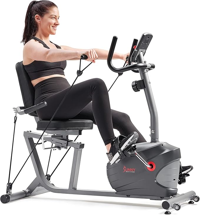 Sunny Health & Fitness Smart Indoor Recumbent Bike Trainer, Home Full Body Workout & Cardio Cycling