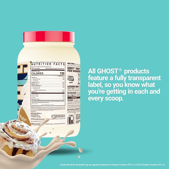 GHOST Whey Protein Powder, Cinnabon - 2LB, 25G of Protein - Cinnamon Roll Flavored Isolate