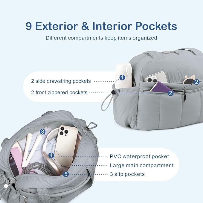 TOPDesign Travel Duffel Bag for Women, Puffer Gym Bag Sports Tote with Wet Pocket, Carry On