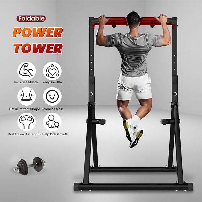 Power Tower Pull Up Dip Station Foldable, Pull Up Bar Station Adjustable, Multi-Function Home Gym