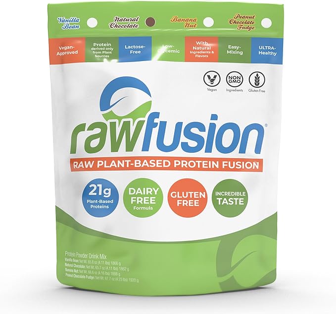 Rawfusion 4lbs- Raw Plant Based Protein Powder, Natural Chocolate - 21g of Protein, Vegan, Low Net