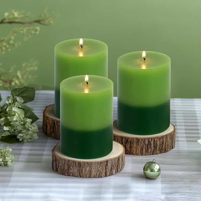 KONNI Green Layered Pillar Candles Set of 3, 3"x 4" Unscented Pillar Candles Bulk, 39 Hours Long