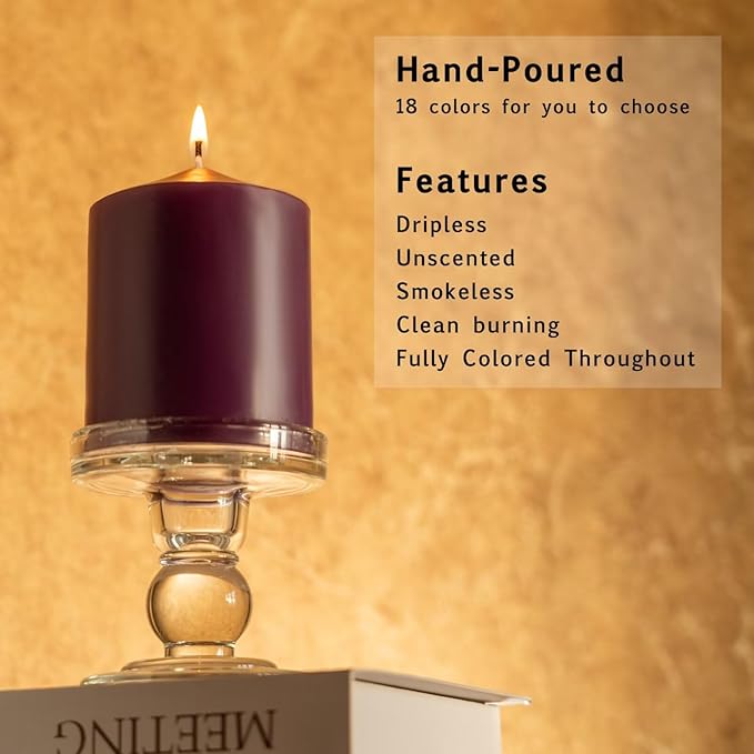 MOZEAL 3" x 4" Hand-Poured Unscented Purple Pillar Candles,Dripless Candles Set of