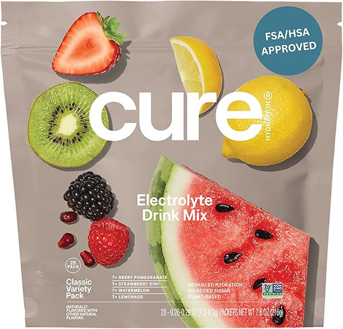 Cure Hydration | Plant-Based Electrolyte Drink Mix | No Added Sugar | FSA-HSA | Dehydration Relief